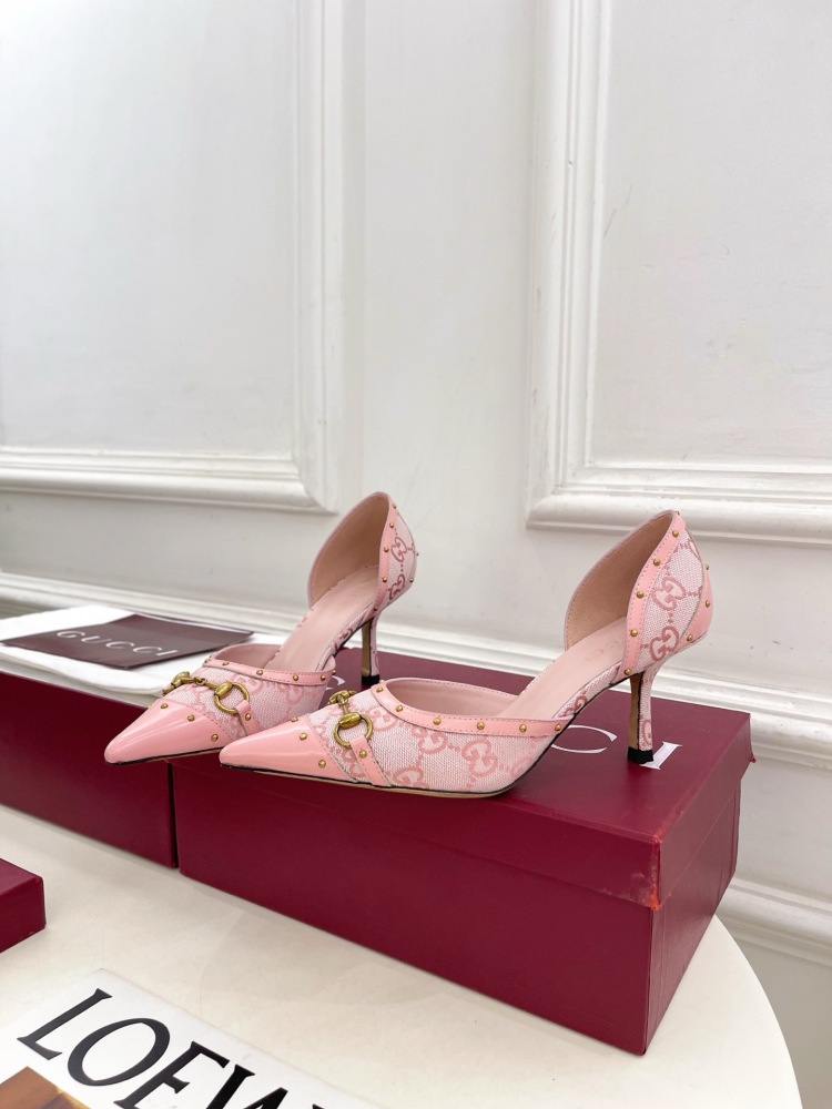 GUCCI GG CANVAS HORSEBIT STUDDED POINTED TOE D'ORSAY HIGH HEELS