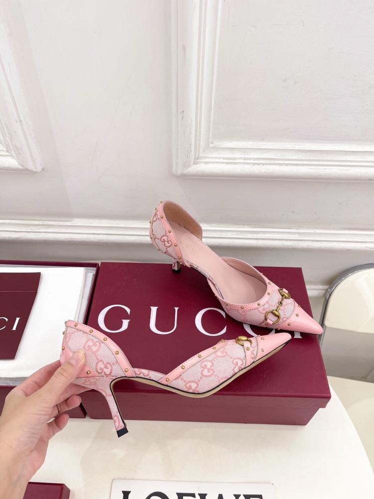 GUCCI GG CANVAS HORSEBIT STUDDED POINTED TOE D'ORSAY HIGH HEELS