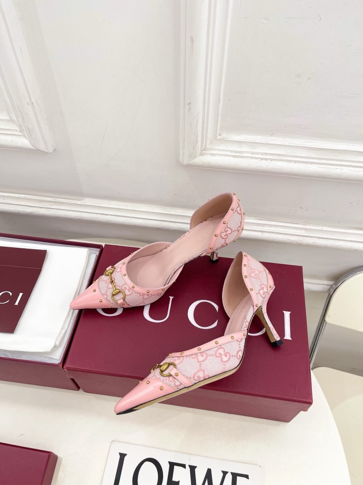 GUCCI GG CANVAS HORSEBIT STUDDED POINTED TOE D'ORSAY HIGH HEELS