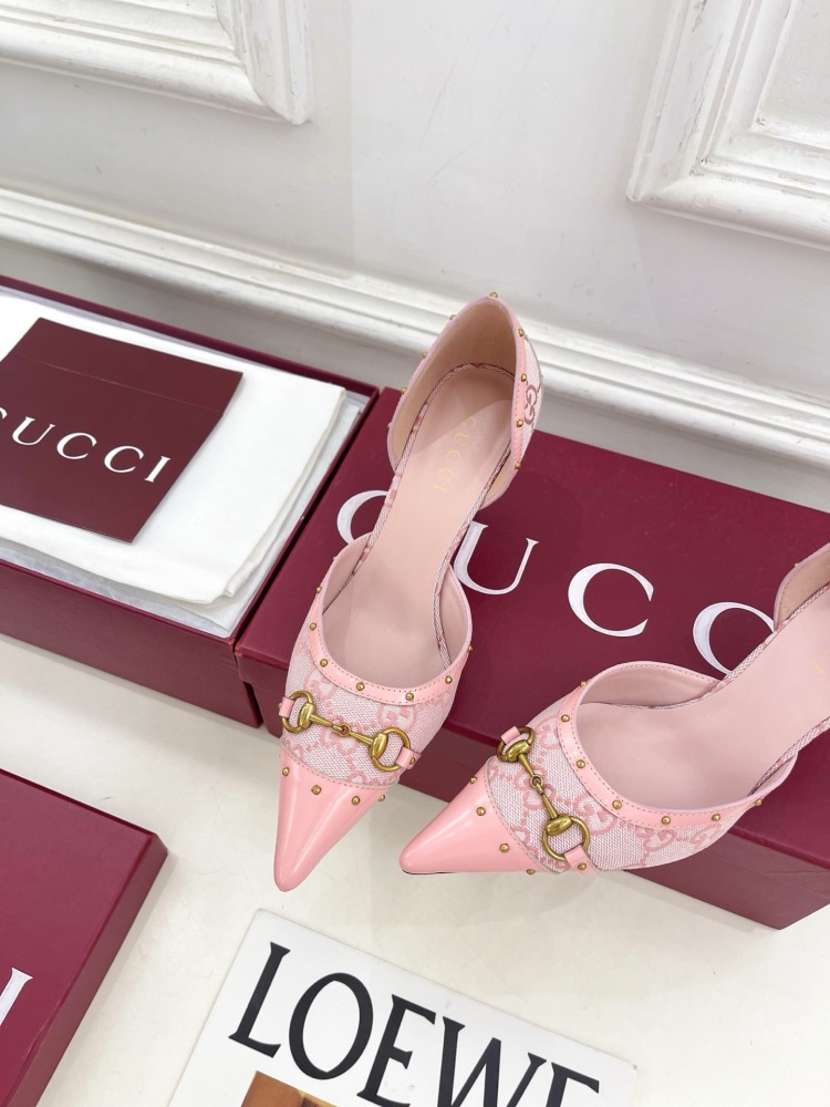 GUCCI GG CANVAS HORSEBIT STUDDED POINTED TOE D'ORSAY HIGH HEELS
