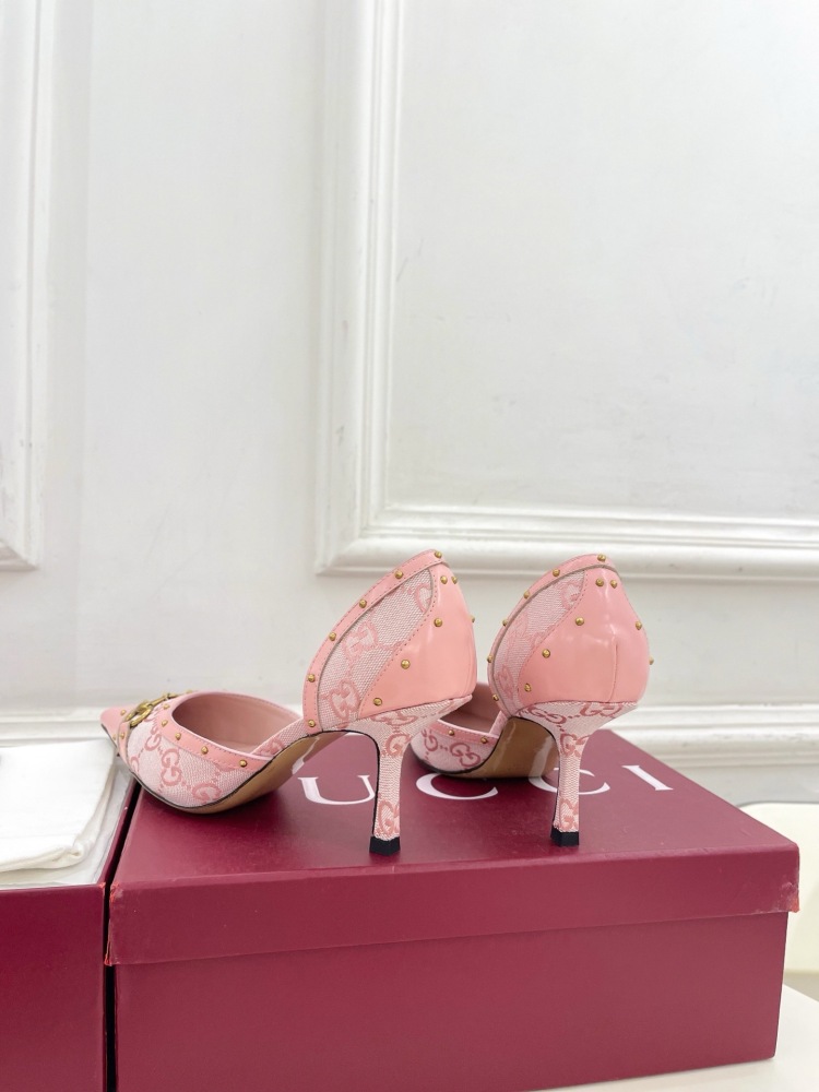 GUCCI GG CANVAS HORSEBIT STUDDED POINTED TOE D'ORSAY HIGH HEELS