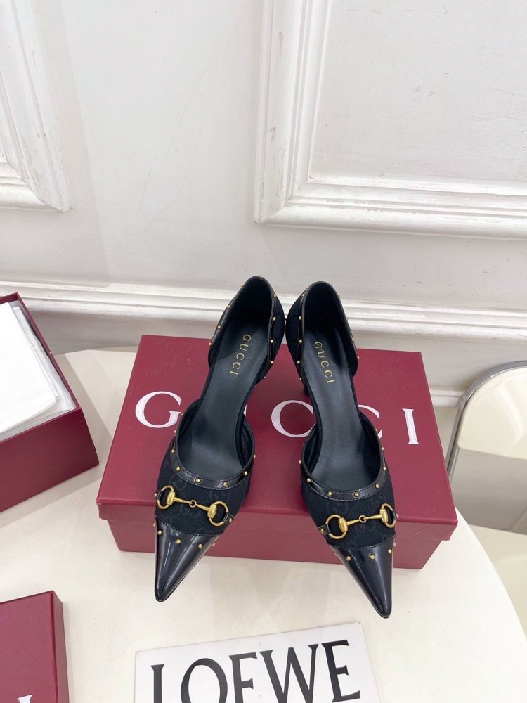 GUCCI GG CANVAS HORSEBIT STUDDED POINTED TOE D'ORSAY HIGH HEELS