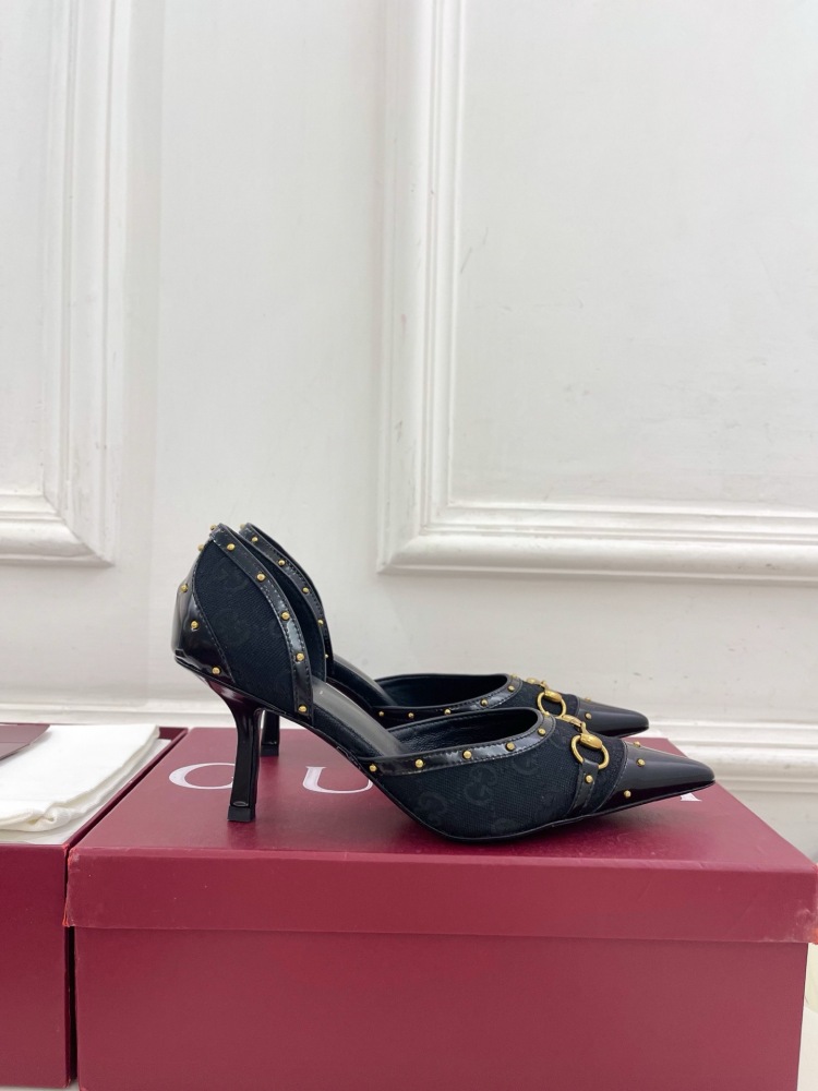 GUCCI GG CANVAS HORSEBIT STUDDED POINTED TOE D'ORSAY HIGH HEELS