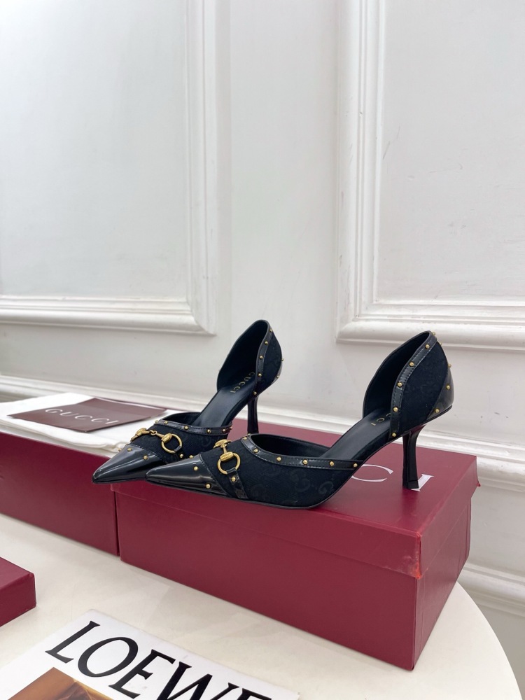 GUCCI GG CANVAS HORSEBIT STUDDED POINTED TOE D'ORSAY HIGH HEELS