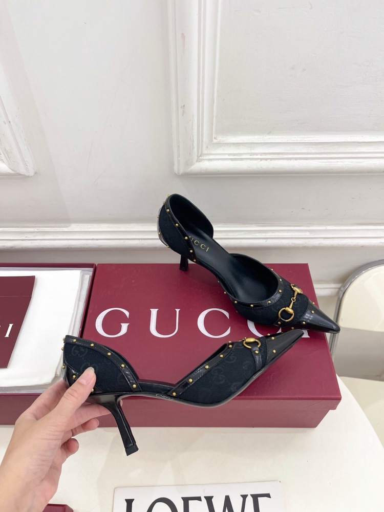 GUCCI GG CANVAS HORSEBIT STUDDED POINTED TOE D'ORSAY HIGH HEELS