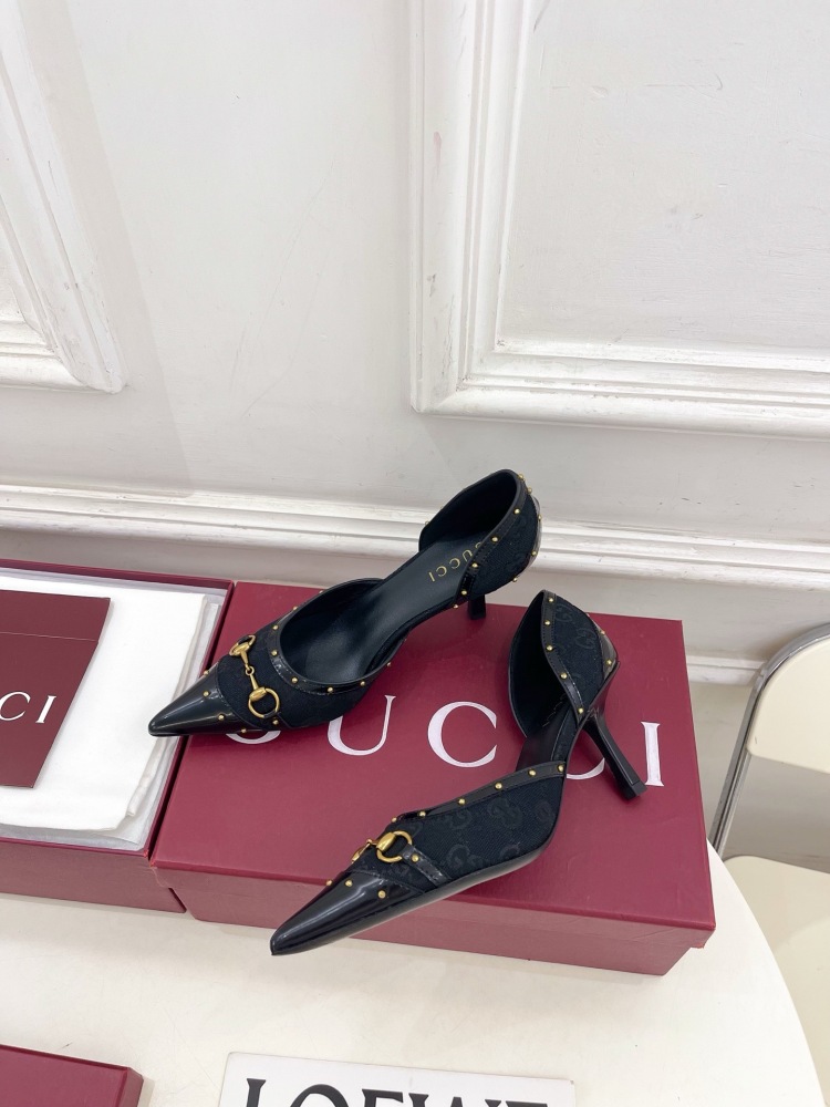GUCCI GG CANVAS HORSEBIT STUDDED POINTED TOE D'ORSAY HIGH HEELS