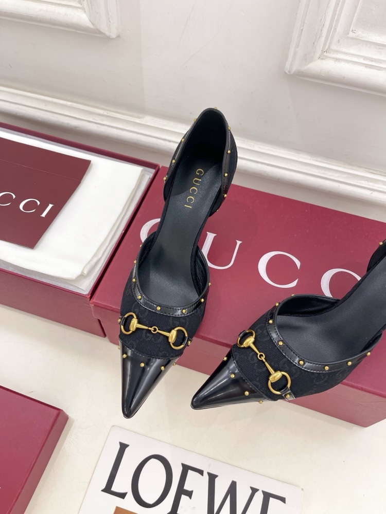 GUCCI GG CANVAS HORSEBIT STUDDED POINTED TOE D'ORSAY HIGH HEELS
