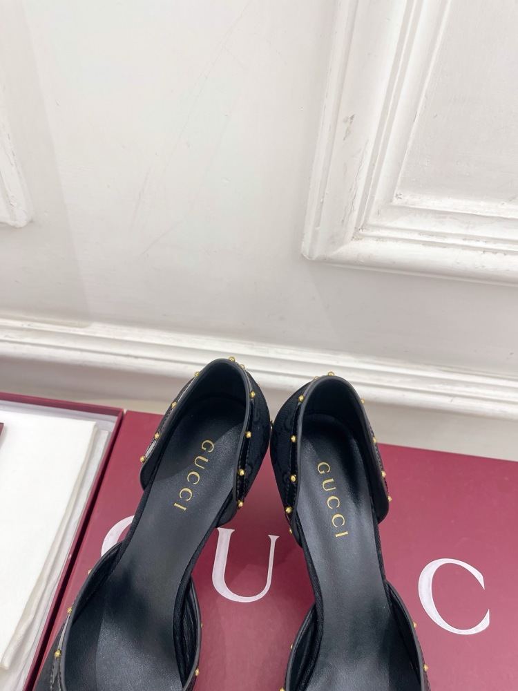 GUCCI GG CANVAS HORSEBIT STUDDED POINTED TOE D'ORSAY HIGH HEELS