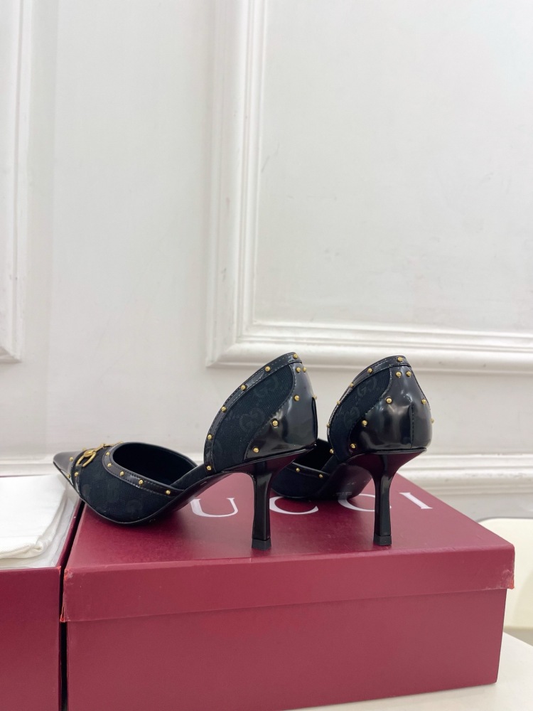 GUCCI GG CANVAS HORSEBIT STUDDED POINTED TOE D'ORSAY HIGH HEELS