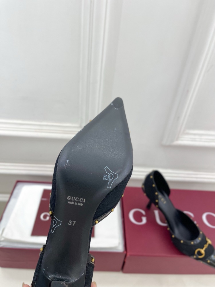 GUCCI GG CANVAS HORSEBIT STUDDED POINTED TOE D'ORSAY HIGH HEELS