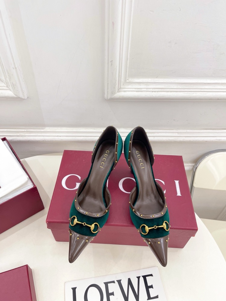 GUCCI GG CANVAS HORSEBIT STUDDED POINTED TOE D'ORSAY HIGH HEELS