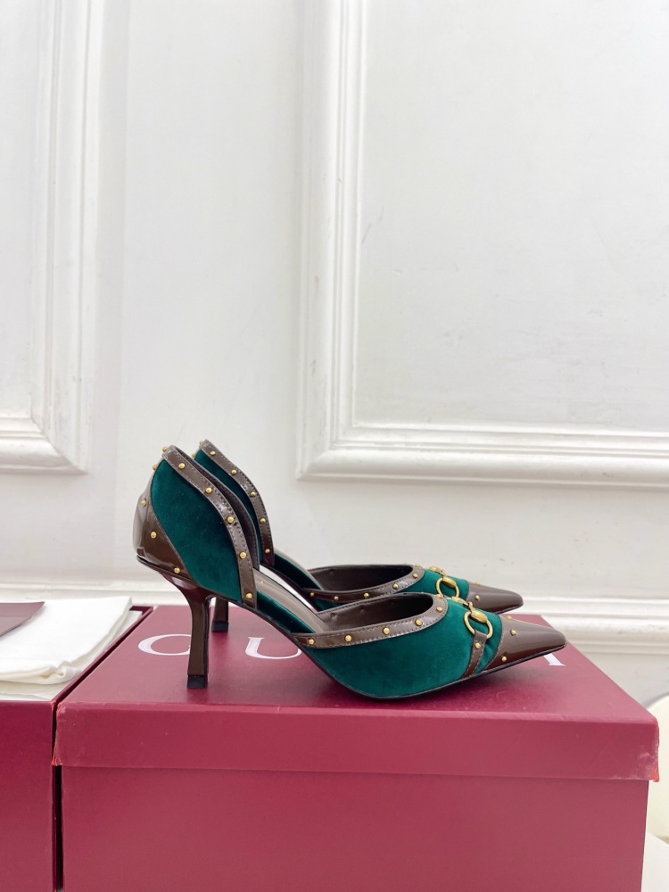 GUCCI GG CANVAS HORSEBIT STUDDED POINTED TOE D'ORSAY HIGH HEELS