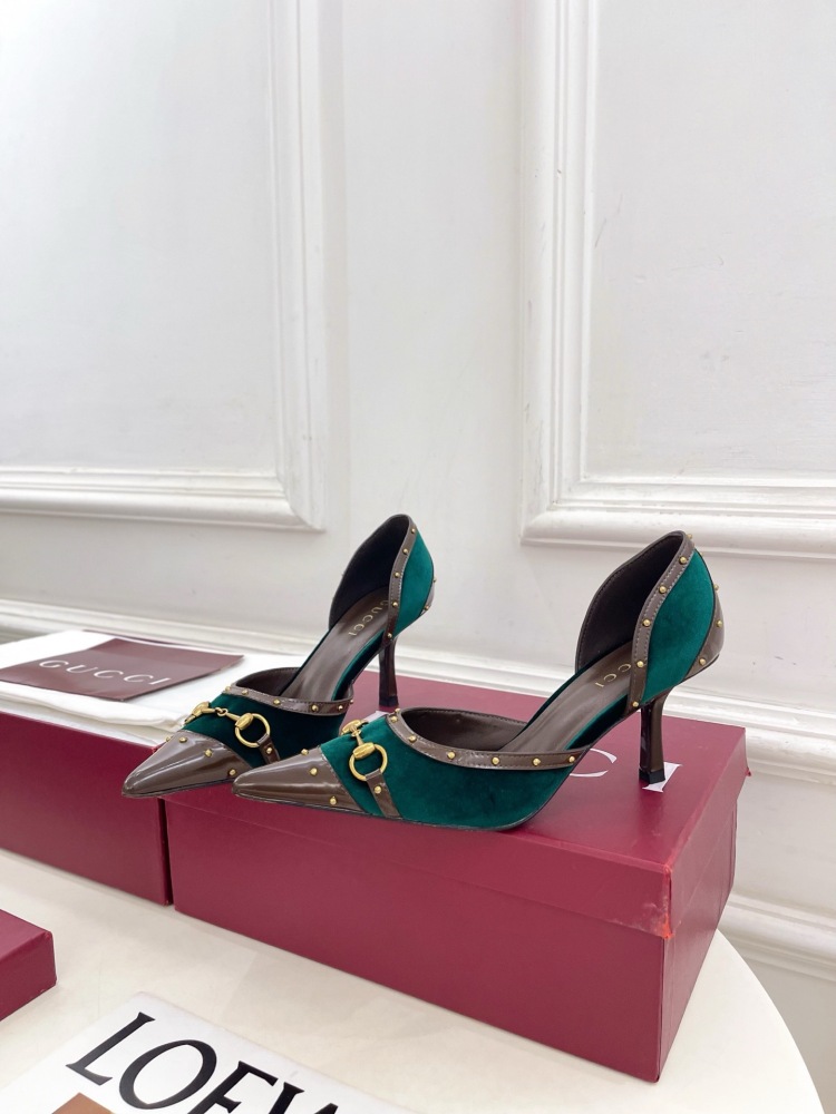 GUCCI GG CANVAS HORSEBIT STUDDED POINTED TOE D'ORSAY HIGH HEELS
