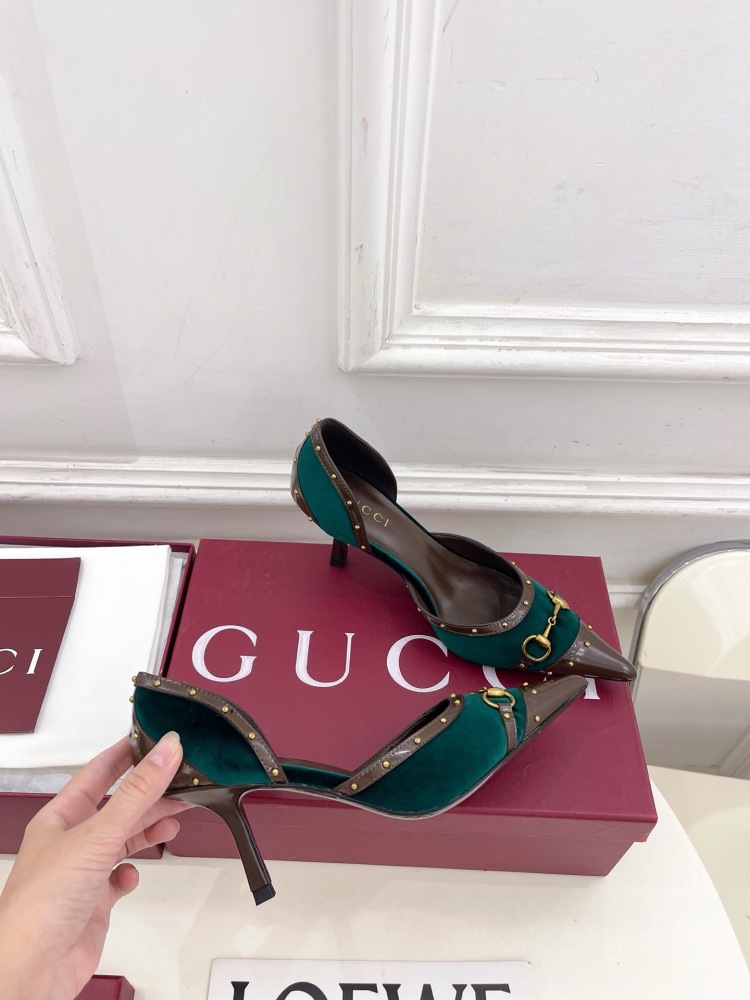 GUCCI GG CANVAS HORSEBIT STUDDED POINTED TOE D'ORSAY HIGH HEELS
