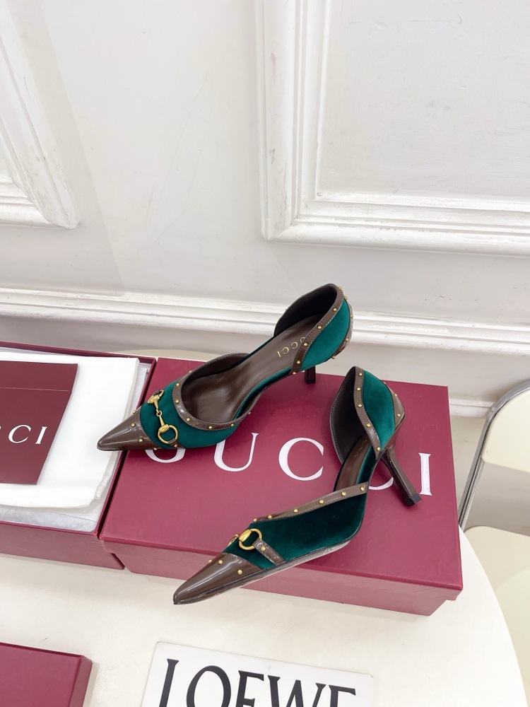 GUCCI GG CANVAS HORSEBIT STUDDED POINTED TOE D'ORSAY HIGH HEELS