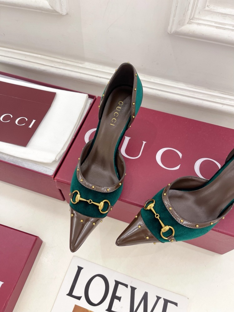 GUCCI GG CANVAS HORSEBIT STUDDED POINTED TOE D'ORSAY HIGH HEELS