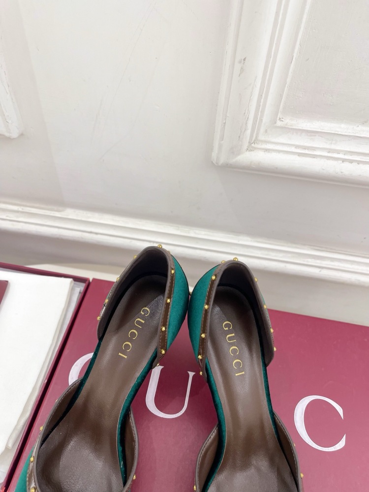 GUCCI GG CANVAS HORSEBIT STUDDED POINTED TOE D'ORSAY HIGH HEELS