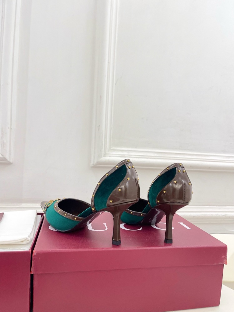 GUCCI GG CANVAS HORSEBIT STUDDED POINTED TOE D'ORSAY HIGH HEELS