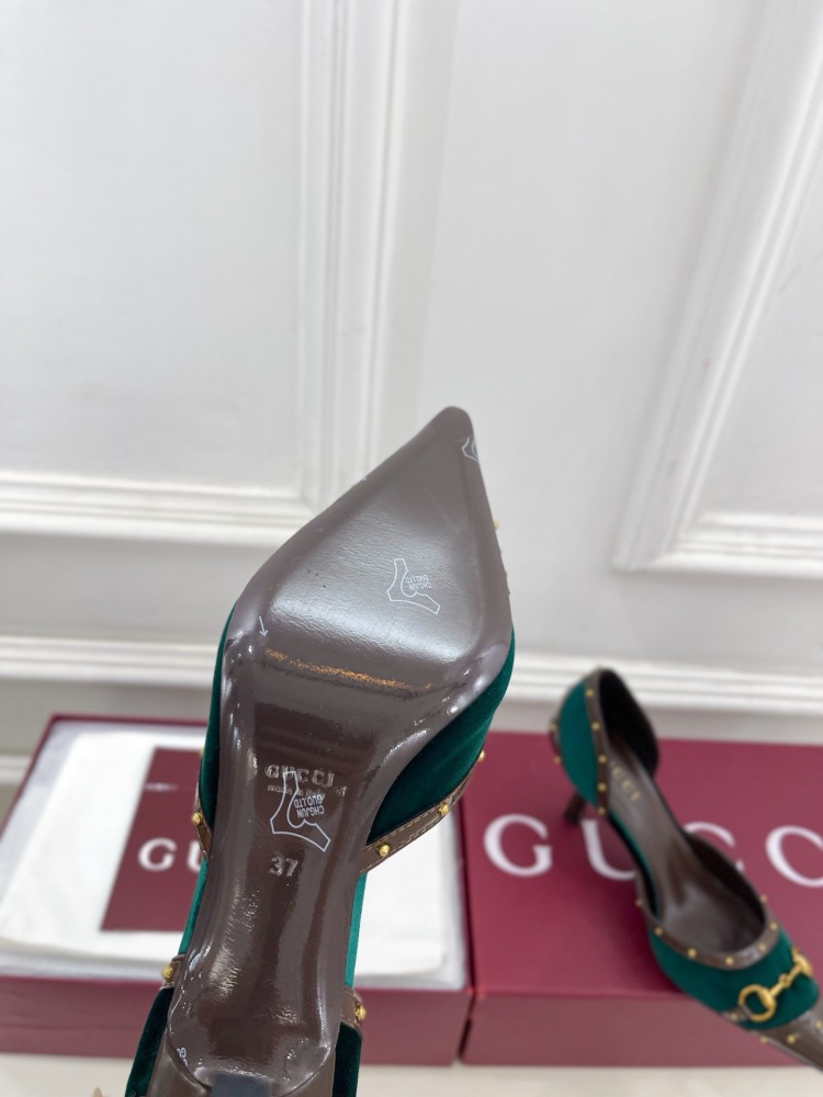 GUCCI GG CANVAS HORSEBIT STUDDED POINTED TOE D'ORSAY HIGH HEELS