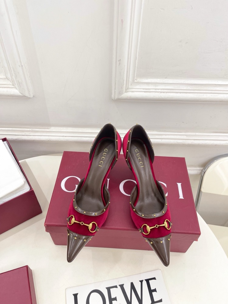 GUCCI GG CANVAS HORSEBIT STUDDED POINTED TOE D'ORSAY HIGH HEELS