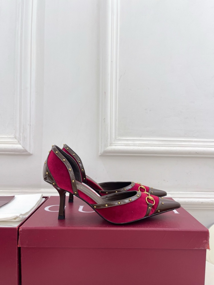 GUCCI GG CANVAS HORSEBIT STUDDED POINTED TOE D'ORSAY HIGH HEELS
