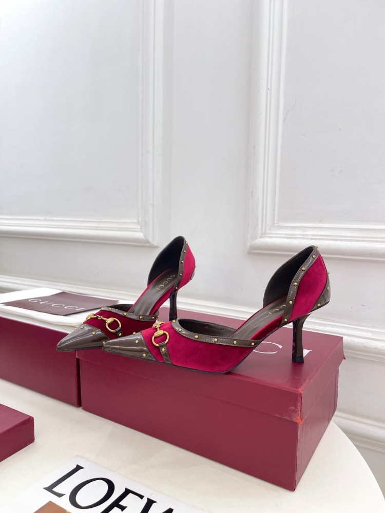 GUCCI GG CANVAS HORSEBIT STUDDED POINTED TOE D'ORSAY HIGH HEELS