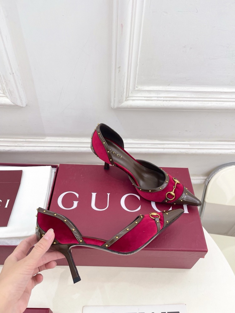 GUCCI GG CANVAS HORSEBIT STUDDED POINTED TOE D'ORSAY HIGH HEELS