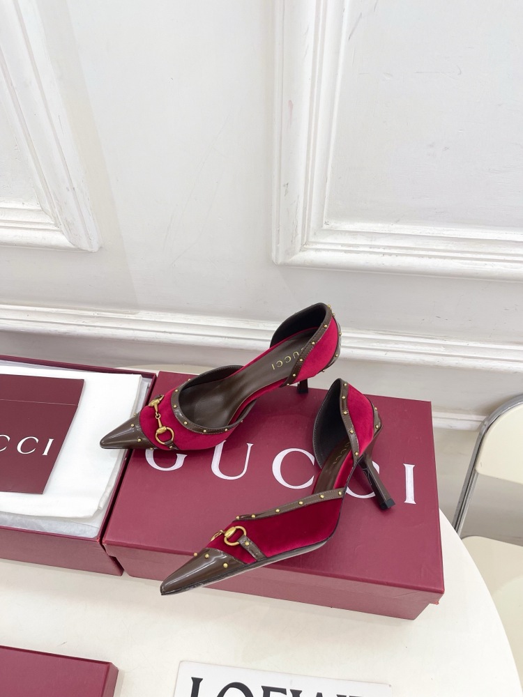 GUCCI GG CANVAS HORSEBIT STUDDED POINTED TOE D'ORSAY HIGH HEELS