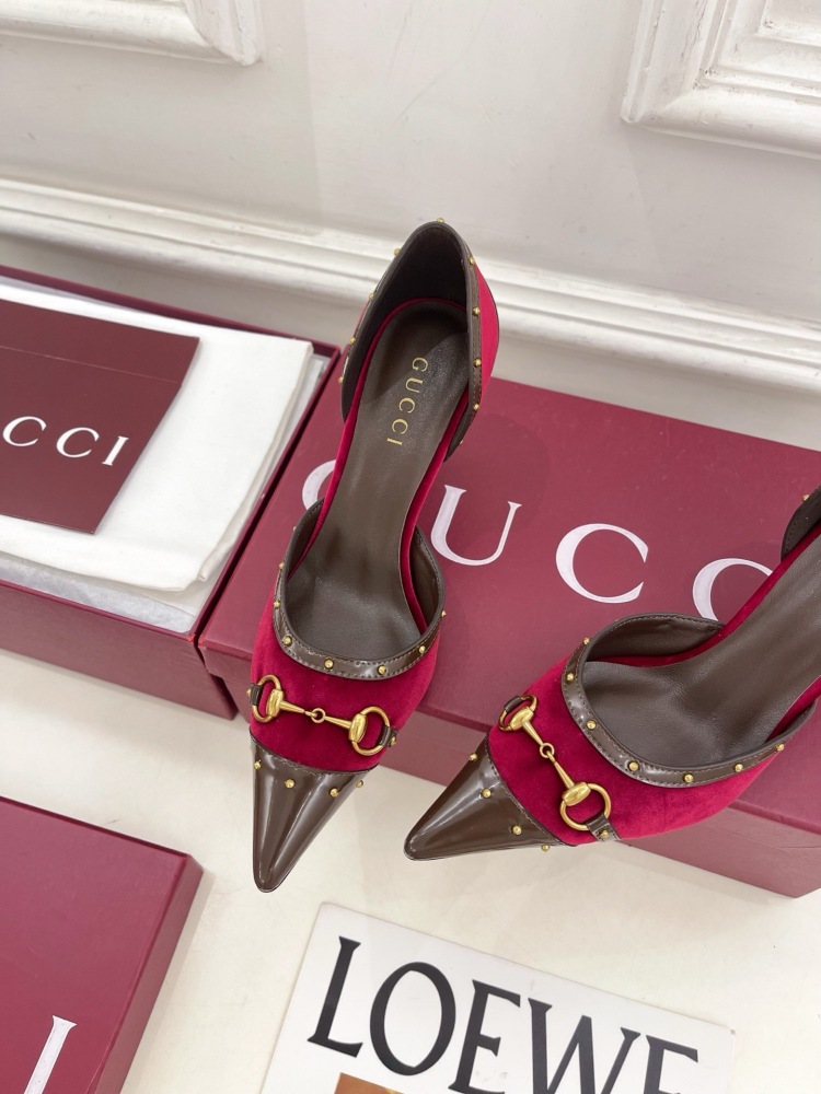 GUCCI GG CANVAS HORSEBIT STUDDED POINTED TOE D'ORSAY HIGH HEELS