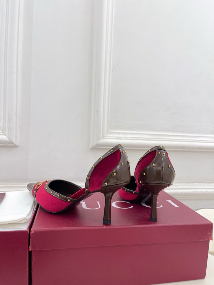 GUCCI GG CANVAS HORSEBIT STUDDED POINTED TOE D'ORSAY HIGH HEELS