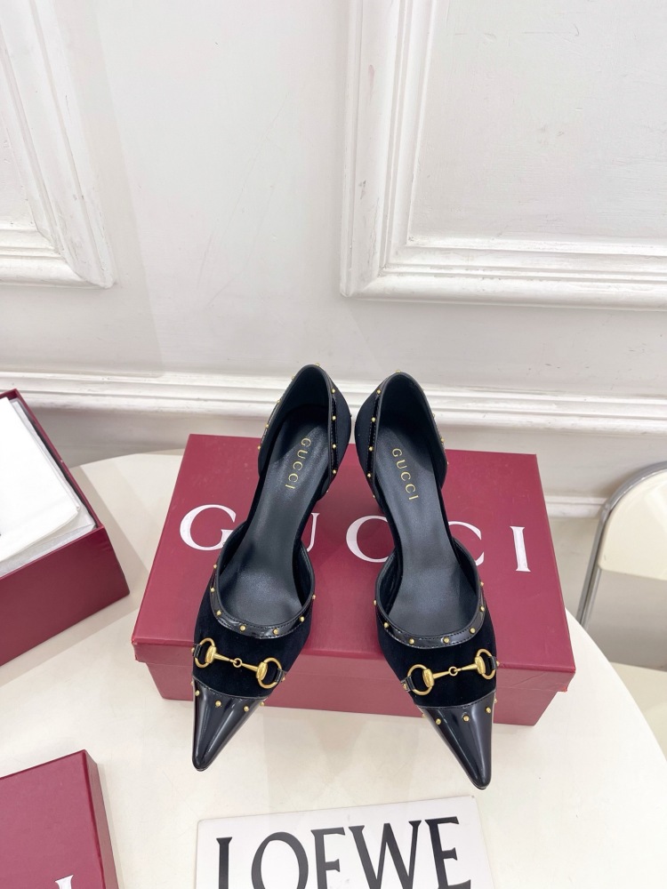 GUCCI GG CANVAS HORSEBIT STUDDED POINTED TOE D'ORSAY HIGH HEELS