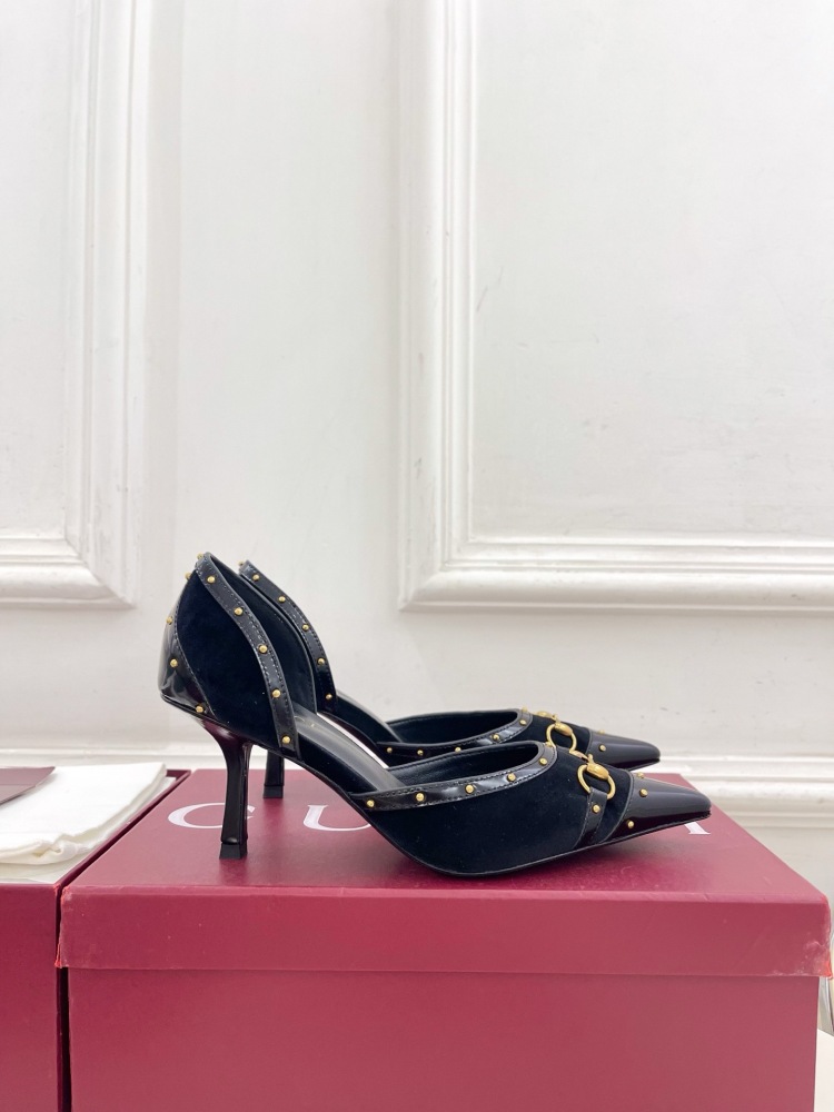 GUCCI GG CANVAS HORSEBIT STUDDED POINTED TOE D'ORSAY HIGH HEELS