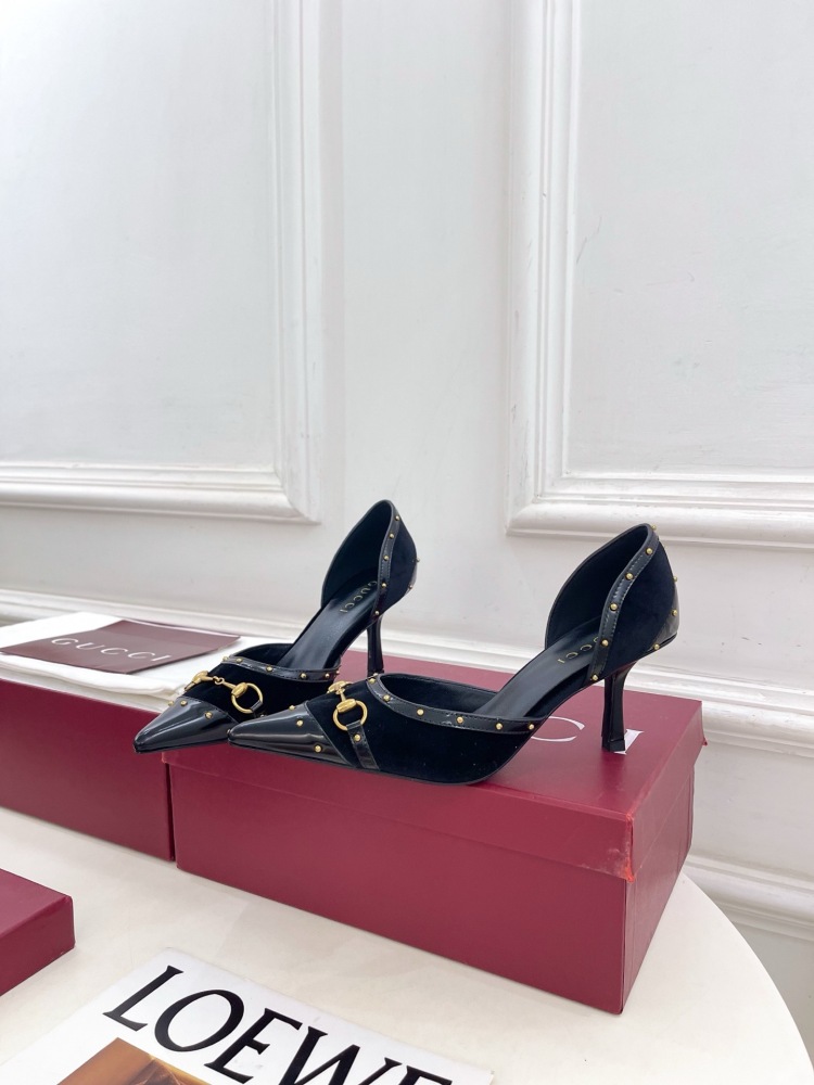 GUCCI GG CANVAS HORSEBIT STUDDED POINTED TOE D'ORSAY HIGH HEELS