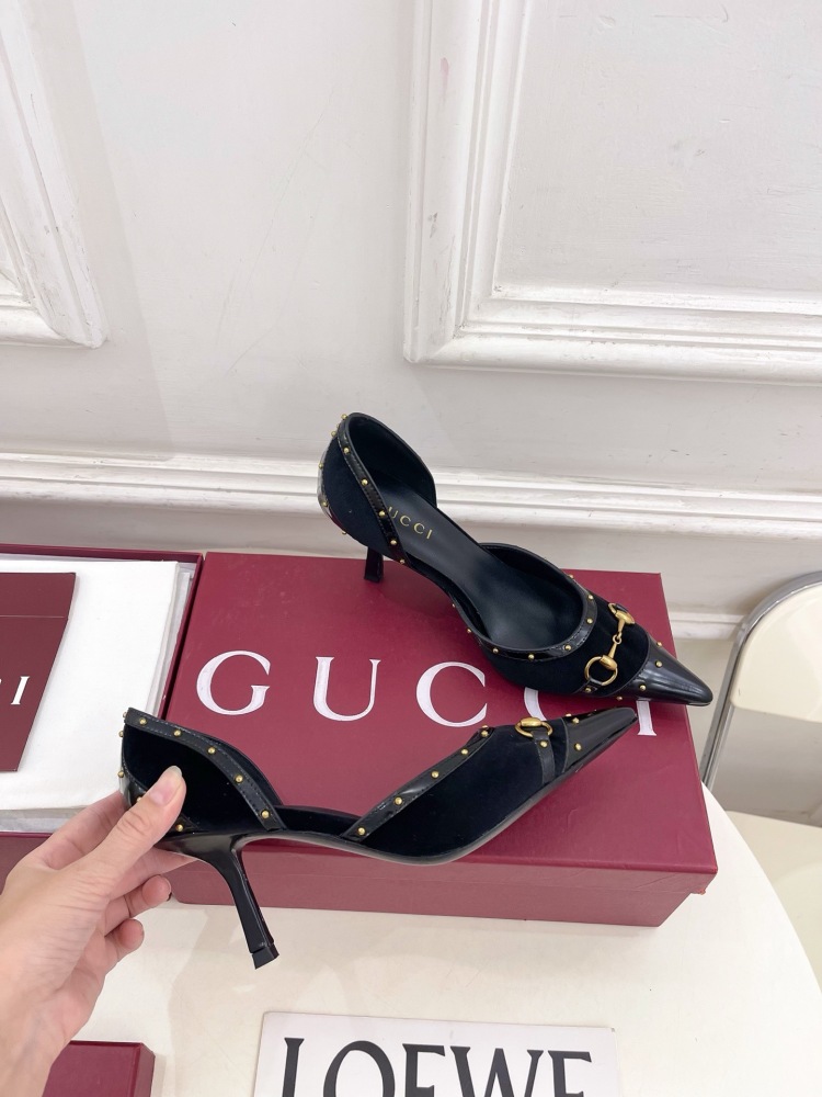 GUCCI GG CANVAS HORSEBIT STUDDED POINTED TOE D'ORSAY HIGH HEELS