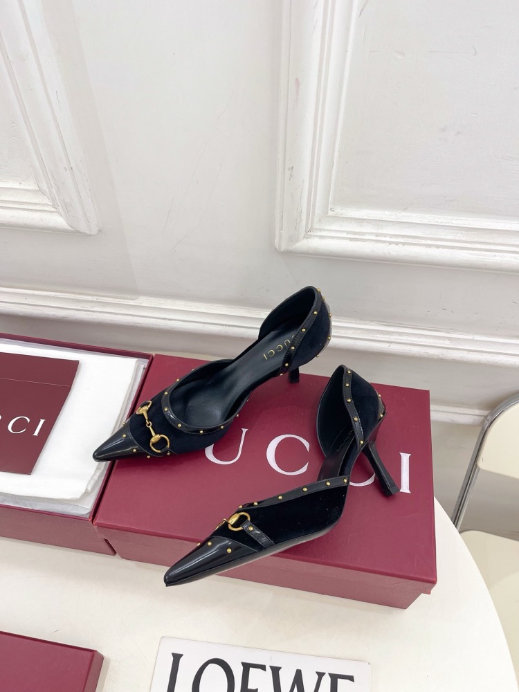GUCCI GG CANVAS HORSEBIT STUDDED POINTED TOE D'ORSAY HIGH HEELS