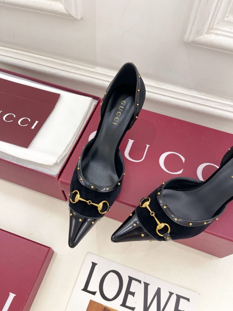 GUCCI GG CANVAS HORSEBIT STUDDED POINTED TOE D'ORSAY HIGH HEELS