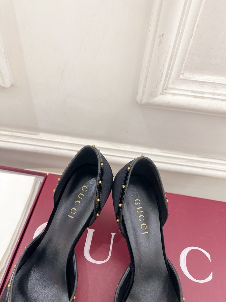 GUCCI GG CANVAS HORSEBIT STUDDED POINTED TOE D'ORSAY HIGH HEELS