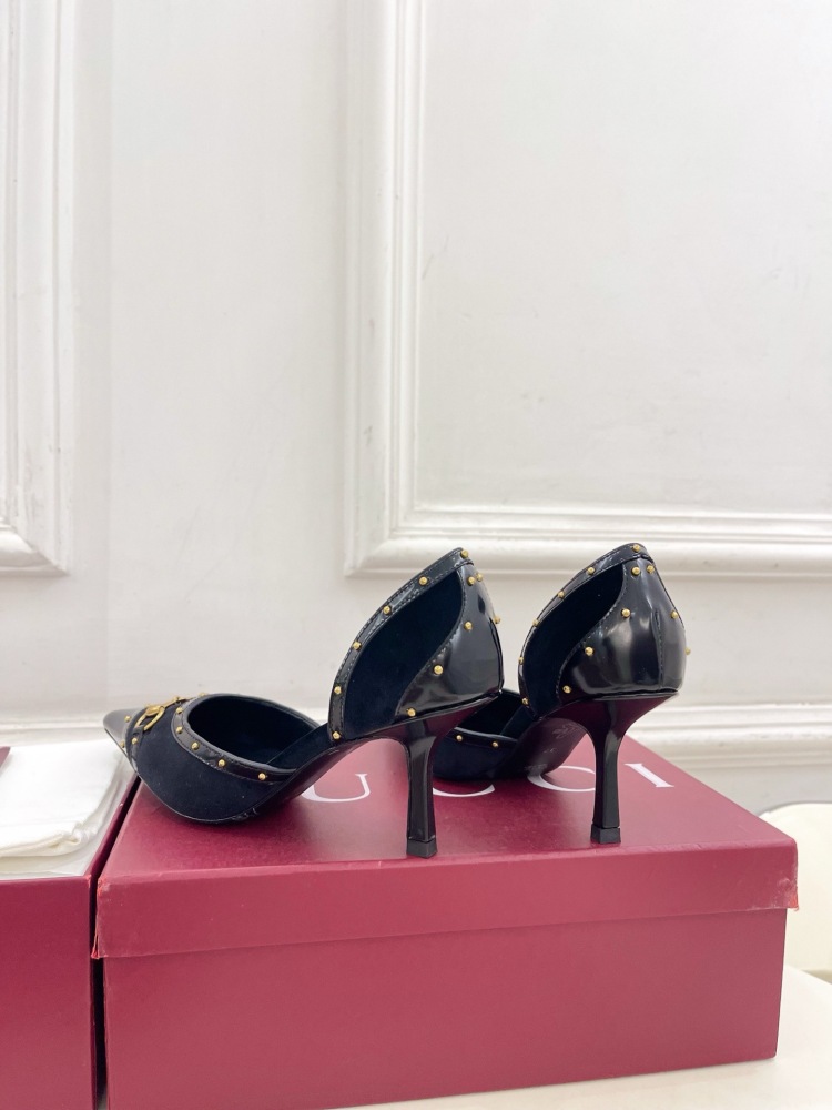 GUCCI GG CANVAS HORSEBIT STUDDED POINTED TOE D'ORSAY HIGH HEELS