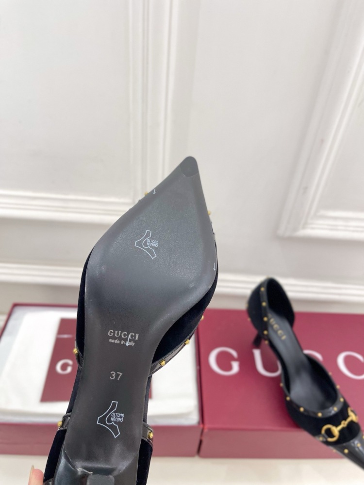 GUCCI GG CANVAS HORSEBIT STUDDED POINTED TOE D'ORSAY HIGH HEELS
