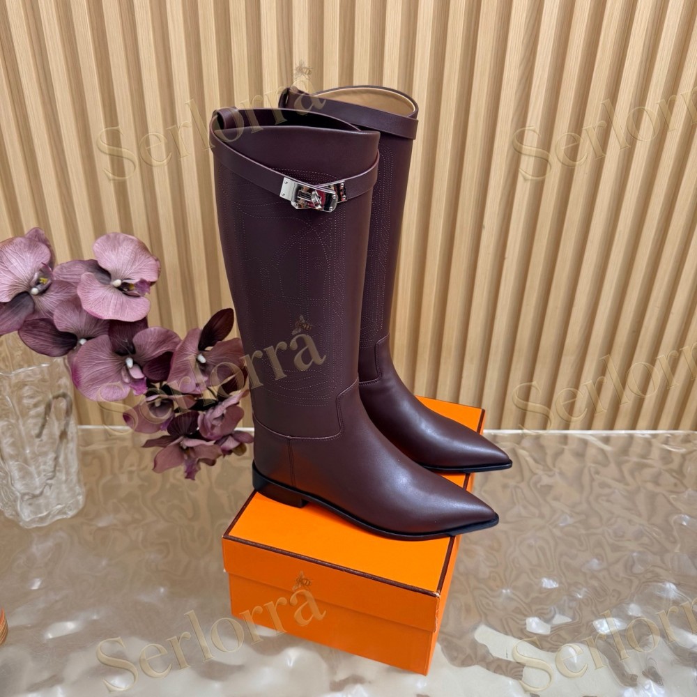 HERMÈS BURGUNDY FULL‑GRAIN LEATHER POINTED‑TOE KNEE‑HIGH BOOTS