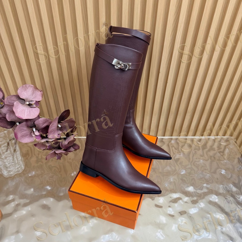 HERMÈS BURGUNDY FULL‑GRAIN LEATHER POINTED‑TOE KNEE‑HIGH BOOTS