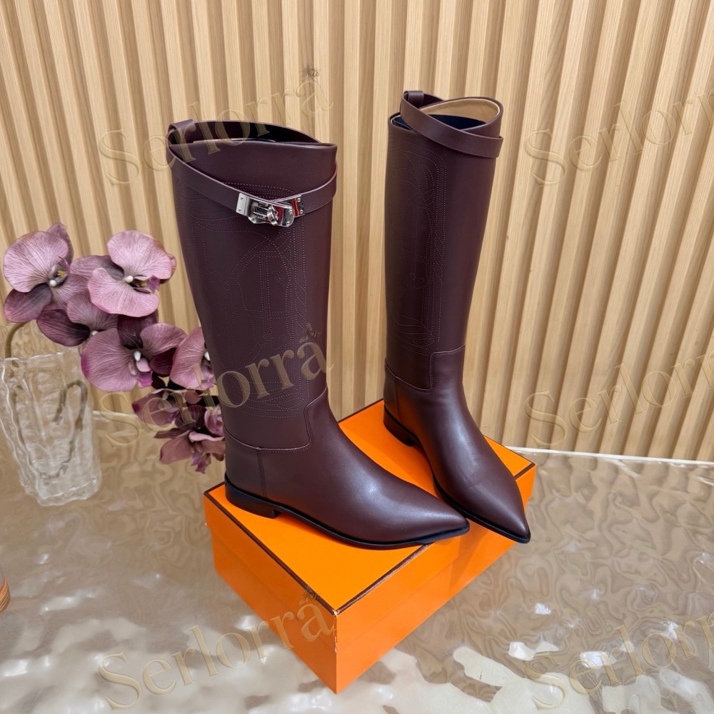 HERMÈS BURGUNDY FULL‑GRAIN LEATHER POINTED‑TOE KNEE‑HIGH BOOTS