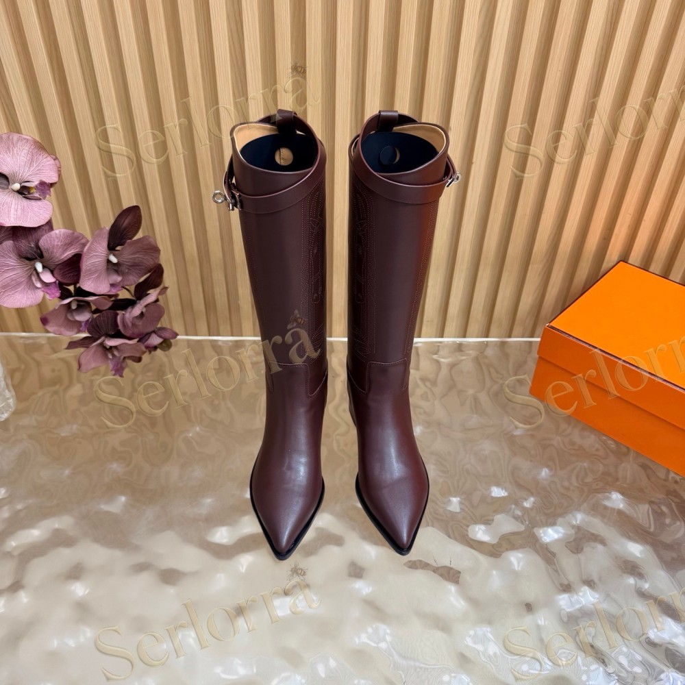 HERMÈS BURGUNDY FULL‑GRAIN LEATHER POINTED‑TOE KNEE‑HIGH BOOTS