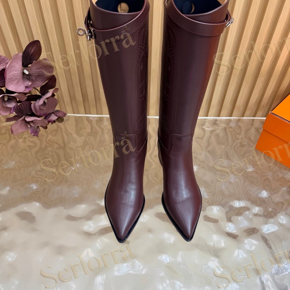 HERMÈS BURGUNDY FULL‑GRAIN LEATHER POINTED‑TOE KNEE‑HIGH BOOTS