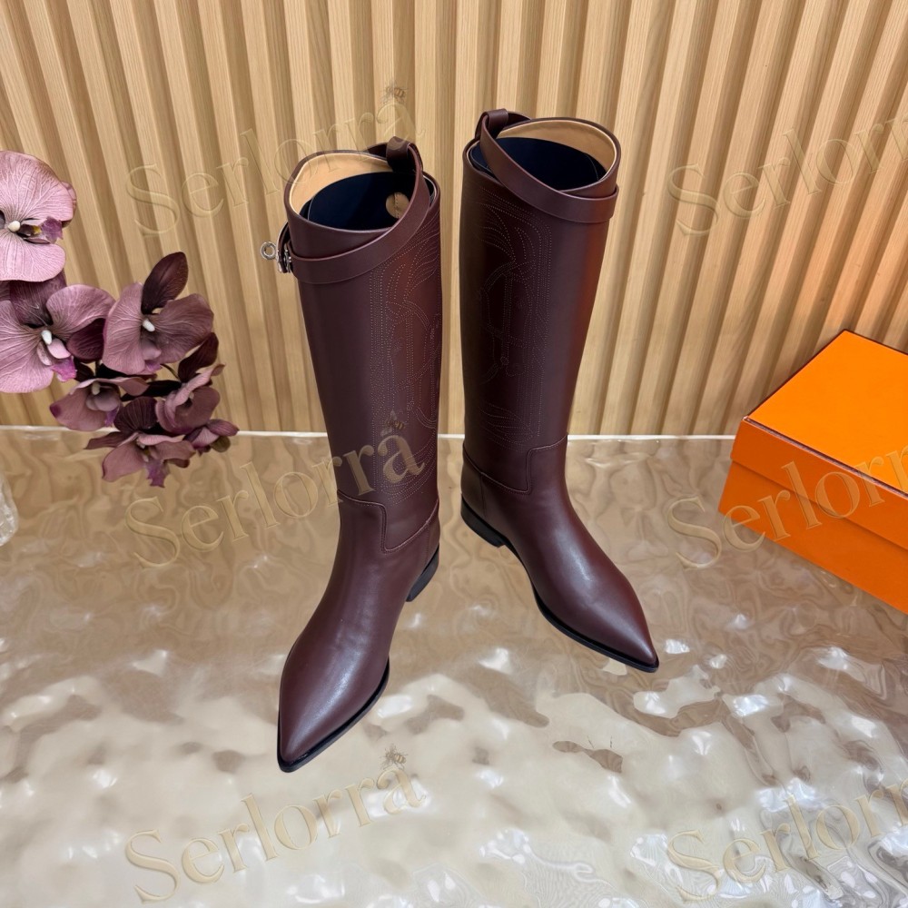 HERMÈS BURGUNDY FULL‑GRAIN LEATHER POINTED‑TOE KNEE‑HIGH BOOTS