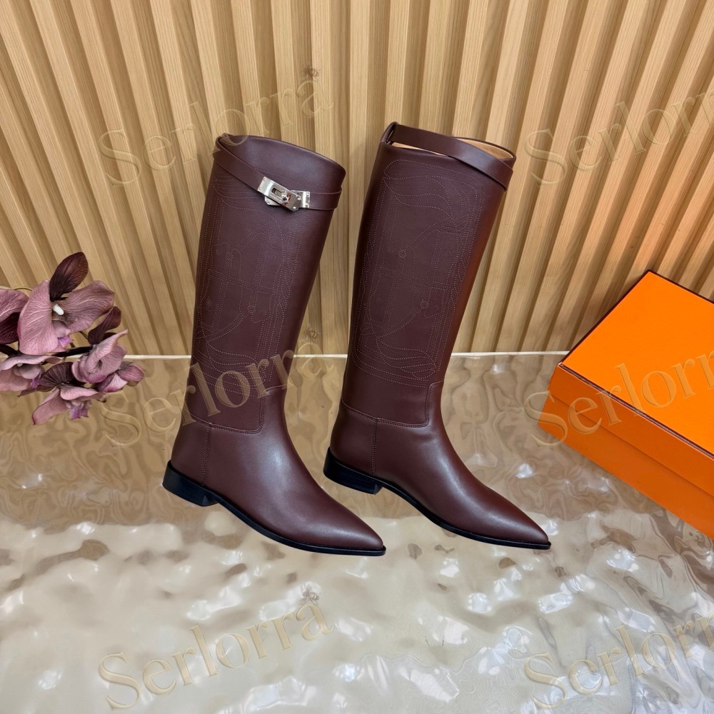 HERMÈS BURGUNDY FULL‑GRAIN LEATHER POINTED‑TOE KNEE‑HIGH BOOTS
