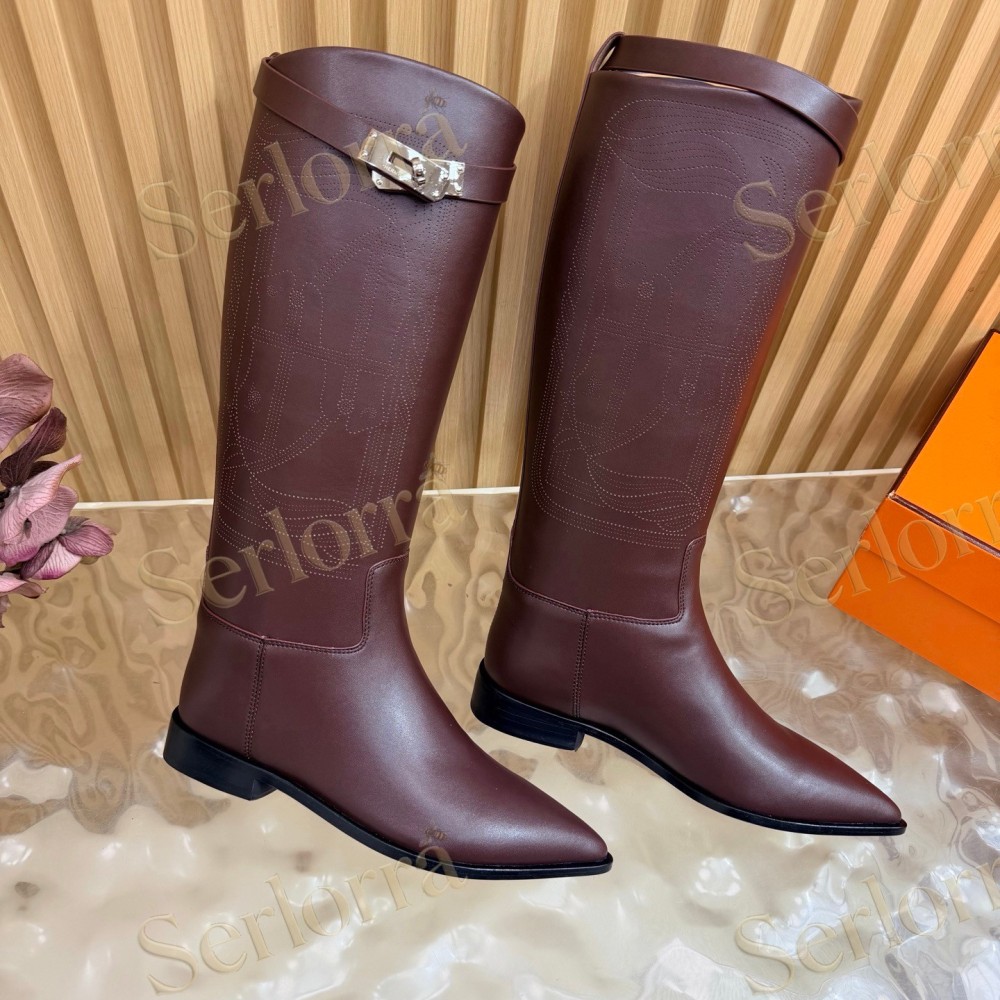 HERMÈS BURGUNDY FULL‑GRAIN LEATHER POINTED‑TOE KNEE‑HIGH BOOTS