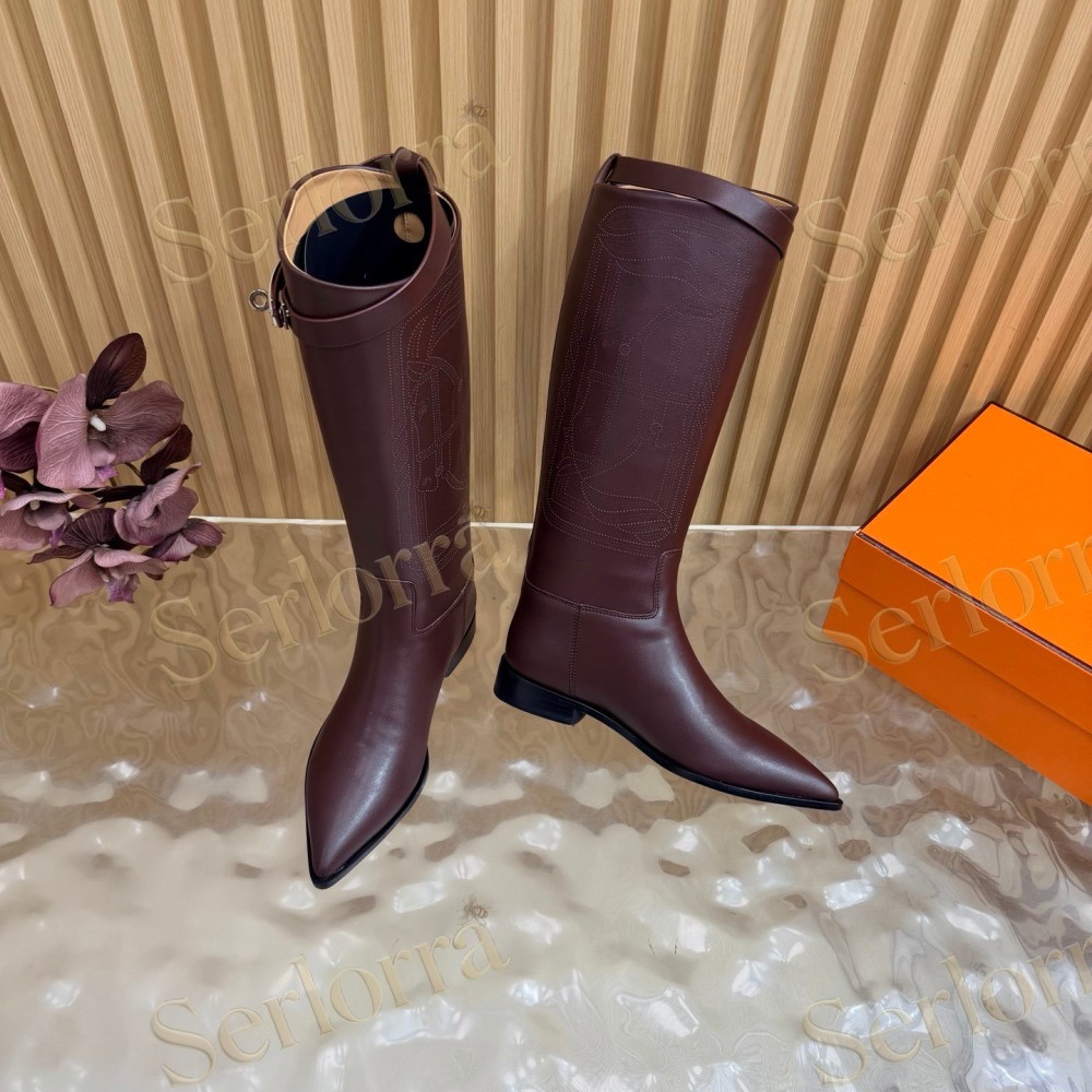 HERMÈS BURGUNDY FULL‑GRAIN LEATHER POINTED‑TOE KNEE‑HIGH BOOTS