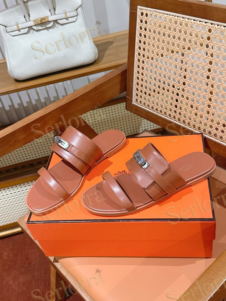 HERMÈS SMOOTH LEATHER KELLY BUCKLE FLAT SLIDE SANDALS