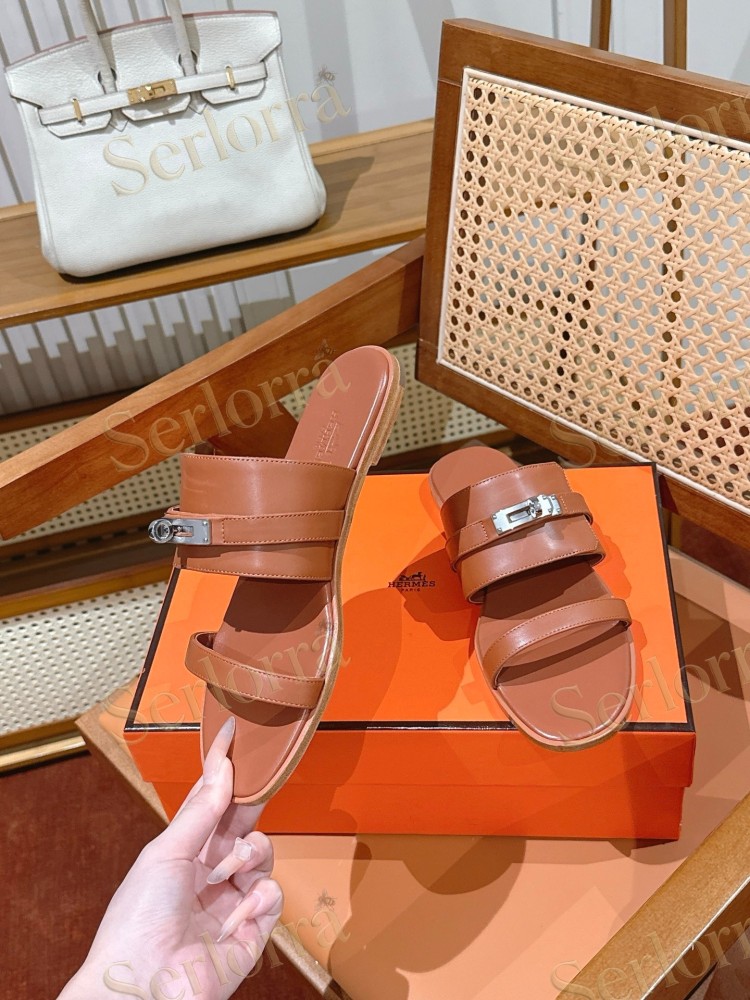 HERMÈS SMOOTH LEATHER KELLY BUCKLE FLAT SLIDE SANDALS